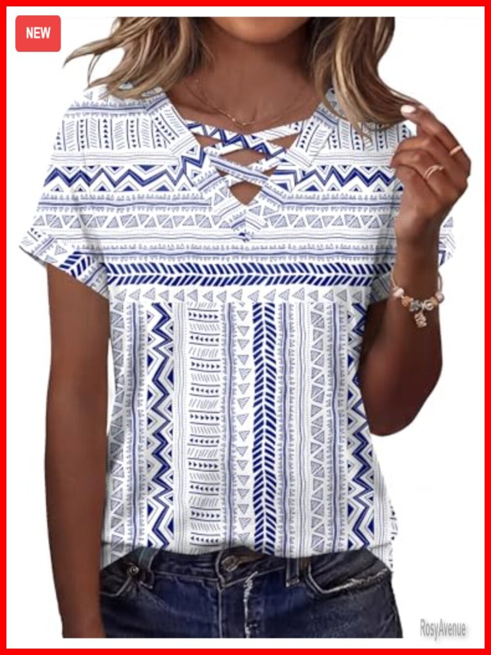 V-Neck Criss Cross Tee Short Sleeve Women's Summer Top Polyester Blend